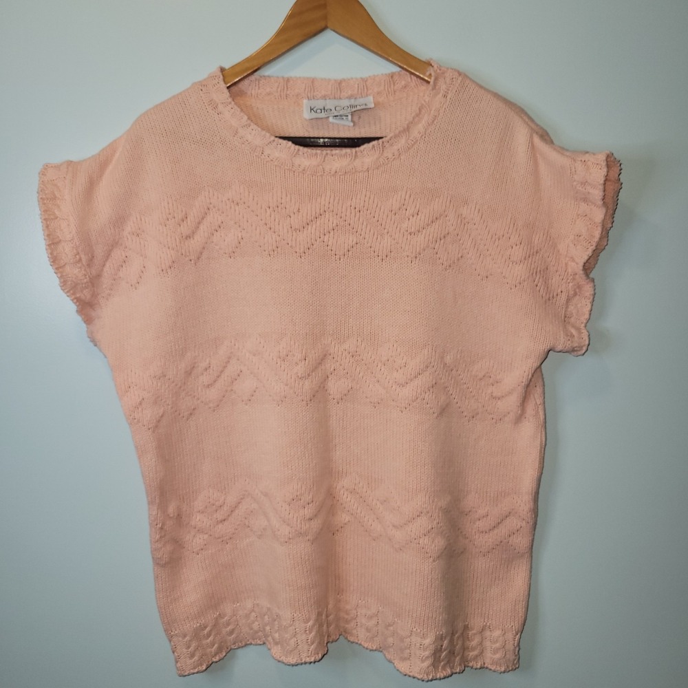 Kate Collins Pink Cotton Knit Short Sleeve Sweater Pointelle Ruffle Top USA Made